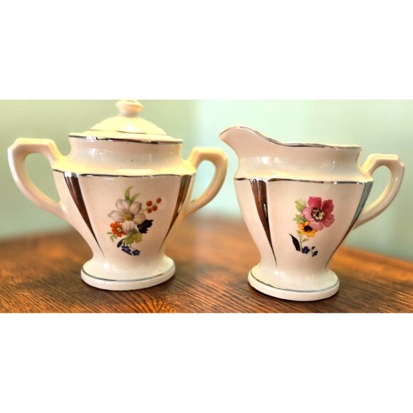 Vintage Flowers W/ Platinum Trim by Porcelier Floral Creamer & Sugar Set With Li - Picture 1 of 10